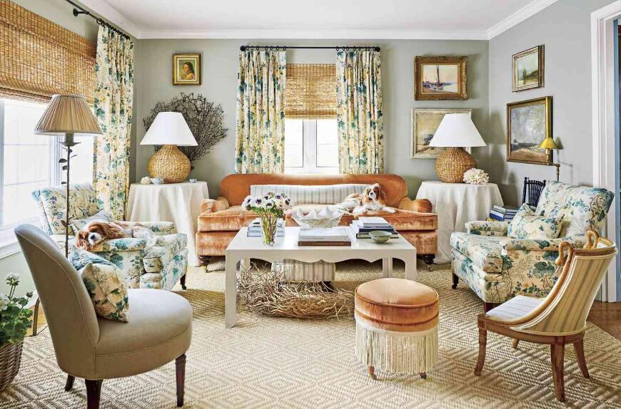 eclectic room with wicker lamps